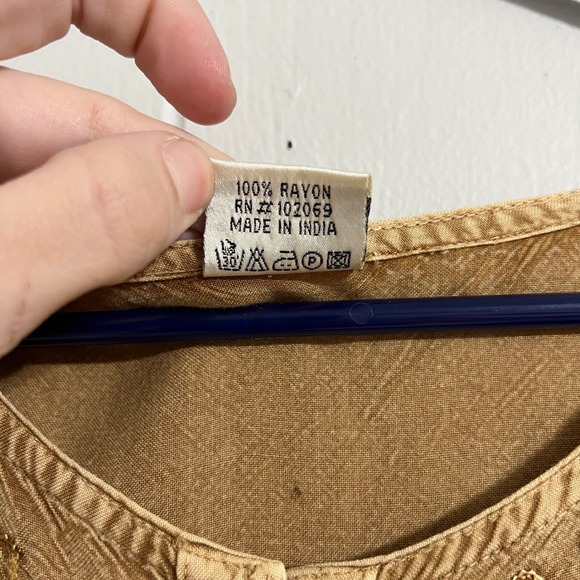 Flower Button Front Embroidered Maxi Dress Tan Brown Size M Boho Fairycore - Picture 6 of 8